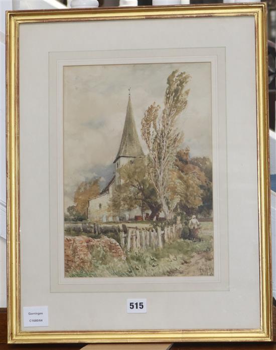 Edmund Morison Wimperis, watercolour, Figure beside a church, initialled and dated 94, 34 x 24cm